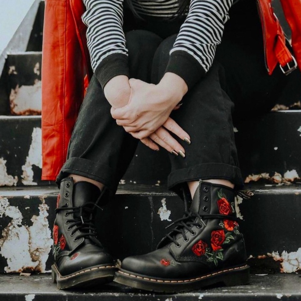 Dr. Martens Black Combat Boots with Red Rose Embroidery